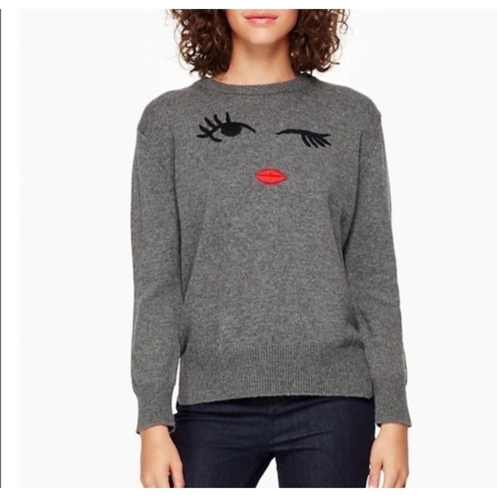 Kate Spade Broome Street Winking Face Wool Blend Sweater Gray Medium NJMU7091